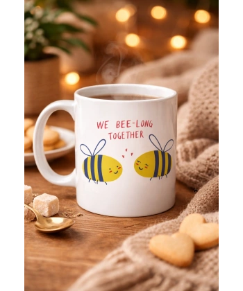 Model 24 We Bee-Long Together Yazılı Sevimli Arı Tasarımlı Porselen Kupa - Sevgiliye Arkadaşa Özel Hediye
