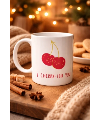 Model 26 – I Cherry-Ish You Yazılı Sevimli Kiraz Tasarımlı Porselen Kupa - Aşk Dolu Hediye Fikri