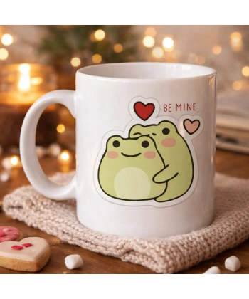 Model 41 Be Mine Tasarımlı Sevimli Kurbağa Desenli Porselen Kupa Aşk Temalı Özel Tasarım Kahve Kupası