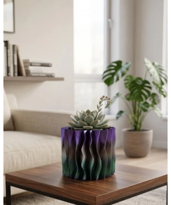 Modern Dalgalı Tasarımlı Mor 3D Dekoratif Vazo Ev Ofis Dekoru
