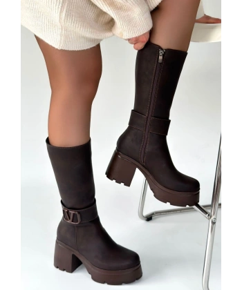 Moki Kahverengi Nubuk Topuklu Çizme