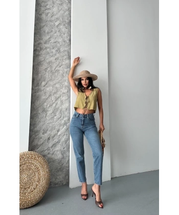 Mom fit bıyık kar yıkama jeans pantolon koyu mavi d2006