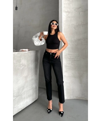 Mom fit enzim bıyıklı taş yıkama jeans pantolon siyah d2006