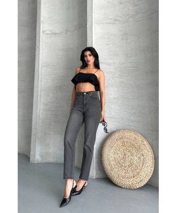 Mom fit enzim taş yıkama jeans pantolon füme d2006