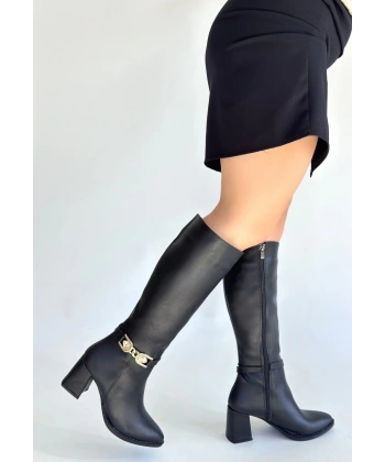 Mooni Siyah Cilt Topuklu Çizme