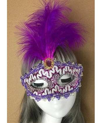 Mor Dantel İşlemeli Mor Tüylü Balo Parti Maskesi 17x20 cm