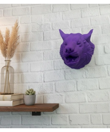 Mor Renk 3D Kurt Başı Duvar Dekoru Asılabilir Maskot Heykel 25x19 cm