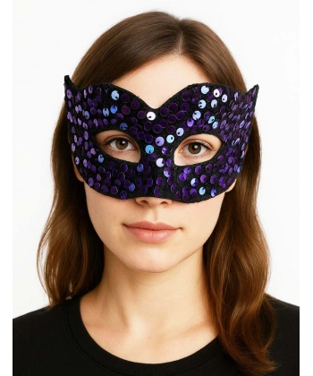 Mor Renk Arkadan Lastikli Pul Payet İşlemeli Balo After Parti Maskesi