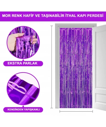 Mor Renk Ekstra Metalize Parlak Saçaklı Arka Fon Perde İthal A Kalite 1x2 Metre