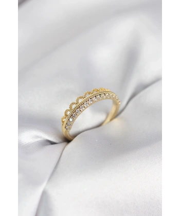 Motif Desenli Gold Renk Zirkon Taşlı Kadın Yüzük