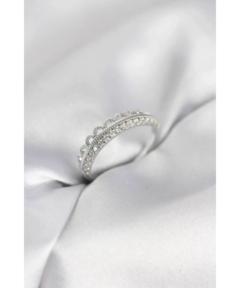 Motif Desenli Gümüş Renk Zirkon Taşlı Kadın Yüzük