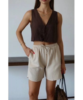 Müslin kumaş şort bağcıklı bej pt