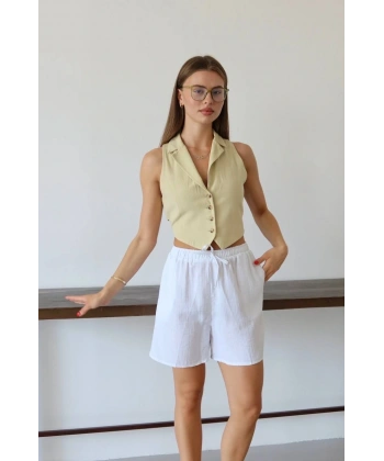 Müslin kumaş şort bağcıklı beyaz pt