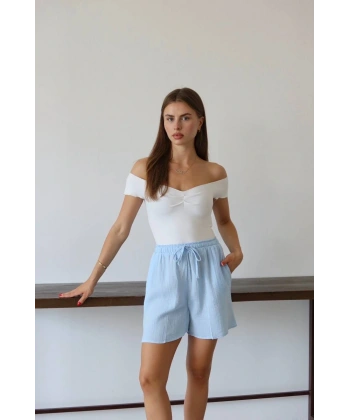 Müslin kumaş şort bağcıklı mavi pt