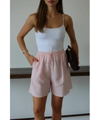 Müslin kumaş şort bağcıklı pembe pt