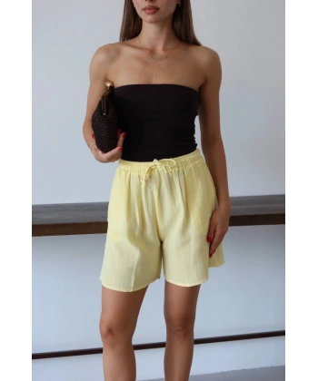 Müslin kumaş şort bağcıklı sarı pt