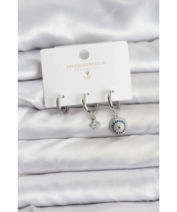 Nazar Model Gümüş Renk Pirinç 3lü Kadın Küpe Seti