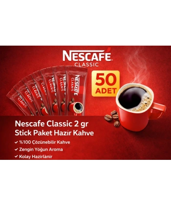 Nescafe Classic 2 gr 50 Adet Stick Paket Hazır Kahve %100 Çözünebilir Zengin Yoğun Aroma