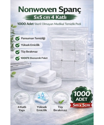 Nonwoven Spanç 5x5 cm 4 Katlı 1000 Adet Steril Olmayan Medikal Temizlik Pedi