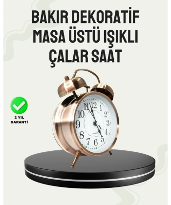 Nostaljik Büyük Boy Metal Masa Saati Bronz Kaplama ve Yüksek Sesli Alarm