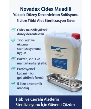 Novadex Cidex Muadili Yüksek Düzey Dezenfektan Solüsyonu 5 Litre Tıbbi Alet Sterilizasyon Sıvısı