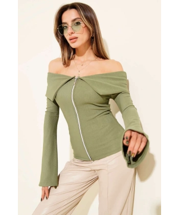 Omzu Açık Fermuarlı Bluz haki T4330
