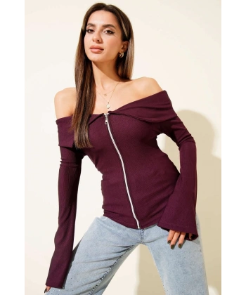 Omzu Açık Fermuarlı Bluz Mürdüm T4330