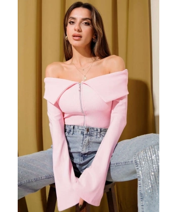 Omzu Açık Fermuarlı Bluz pembe T4330