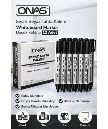 Onas Siyah Beyaz Tahta Kalemi Whiteboard Marker Düşük Kokulu 12 Adet Kutu