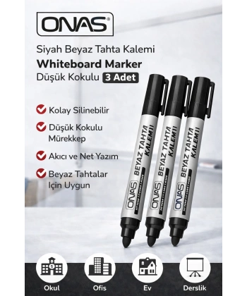 Onas Siyah Beyaz Tahta Kalemi Whiteboard Marker Düşük Kokulu 3 Adet
