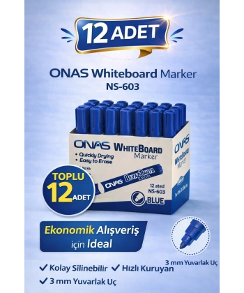 ONAS Whiteboard Marker NS-603 Mavi Tahta Kalemi 3 mm Yuvarlak Uç 12 Adet