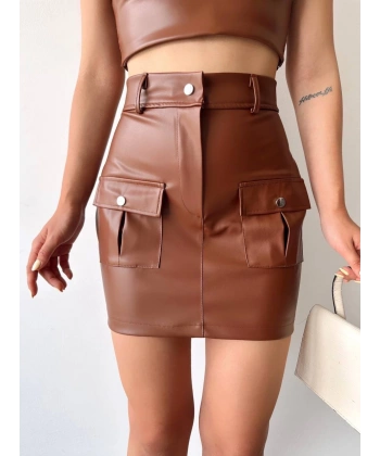 Önden iki cepli deri etek kahve h240040