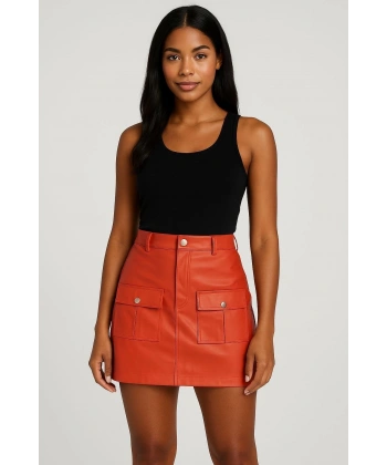Önden iki cepli deri etek turuncu h240040