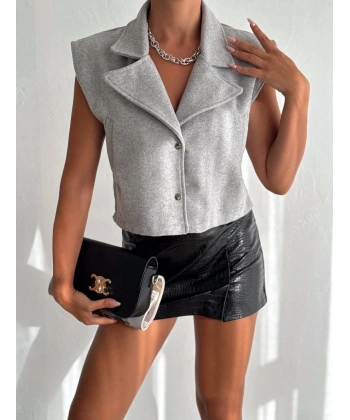 Önü çıtçıtlı cepli kaşe yelek gri f2253