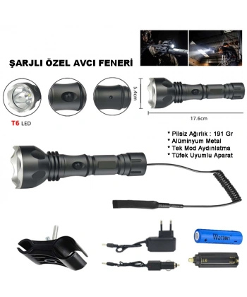 Orjinal 600 Lümen Tx6 Şarjlı Özel Avcı Feneri Watton Wt-253