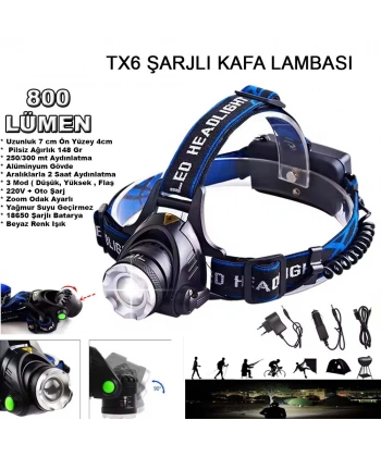 Orjinal 800 Lümen Tx6 Şarjlı Zoomlu Kafa Feneri Wt-120