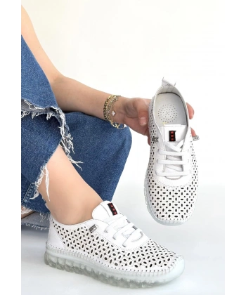 Otja Beyaz Deri Lazerli Bağcıklı Spor Ayakkabı