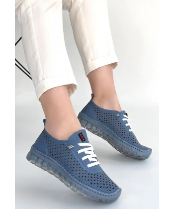 Otja Mavi Deri Lazerli Bağcıklı Spor Ayakkabı