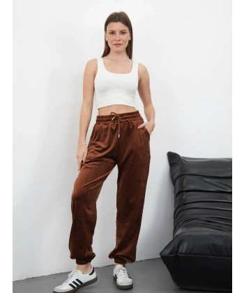 Paça lastikli kadife eşofman kahve md34