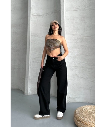 Palazzo straight enzim süper taş yıkama jeans pantolon siyah d2008