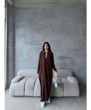 Pantolon yırtmaçlı elbise ikili triko takım kahve elf