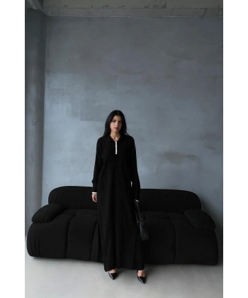 Pantolon yırtmaçlı elbise ikili triko takım siyah elf