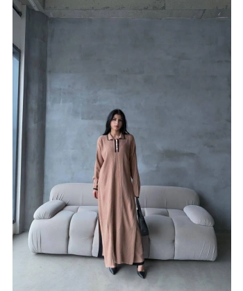 Pantolon yırtmaçlı elbise ikili triko takım vizon elf