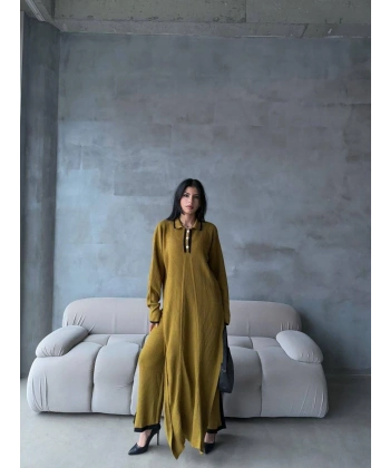 Pantolon yırtmaçlı elbise ikili triko takım yeşil elf