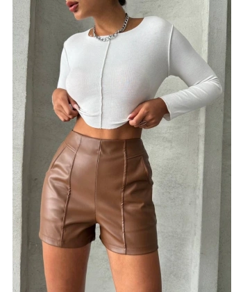 Parçalı cepli deri şort taba w26312