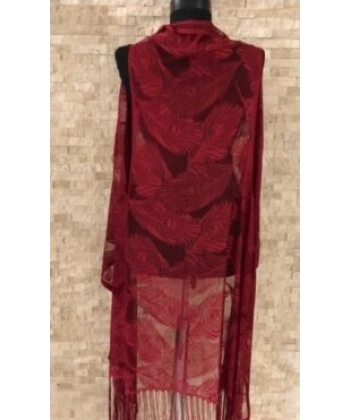 Pareo Dantel Yelek Mayo Bikini Üzeri Yaprak Desenli Püsküllü Plaj Elbisesi - Bordo