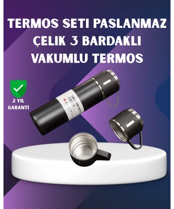 Paslanmaz Termos ve İkili Bardak Seti | 6-12 Saat Sıcak/Soğuk Tutma
