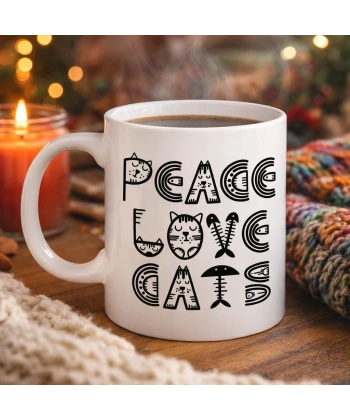Peace Love Cats – Sevimli Kedi Desenli Porselen Kupa MODEL 60 Kahve & Çay Kupası
