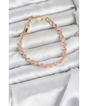 Pembe Kare Zirkon Taşlı Gold Renk Pirinç Su Yolu Kadın Bileklik