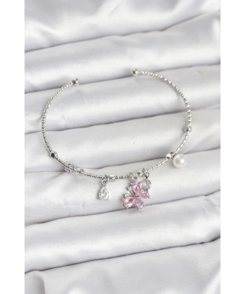 Pembe Kelebek Charmlı Gümüş Renk Kadın Bileklik